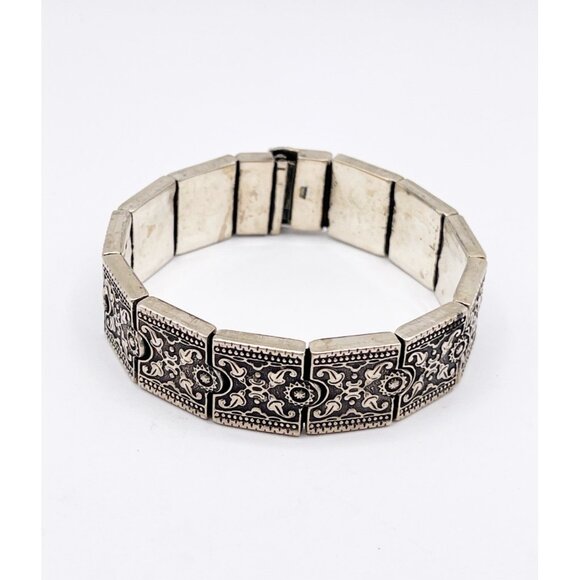 Vintage Sterling Silver 925 Panel Wide Bracelet Floral Scroll Design Heavy 65g - Picture 2 of 8